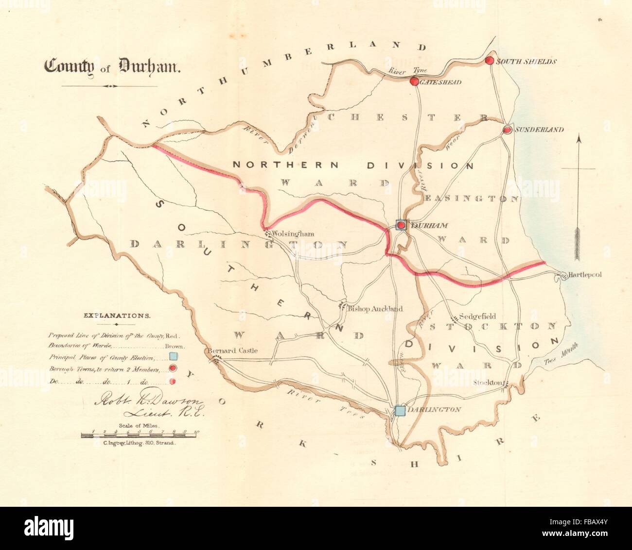 Contea di Durham mappa. Divisioni distretto elettorale. REFORM ACT. DAWSON, 1832 Foto Stock