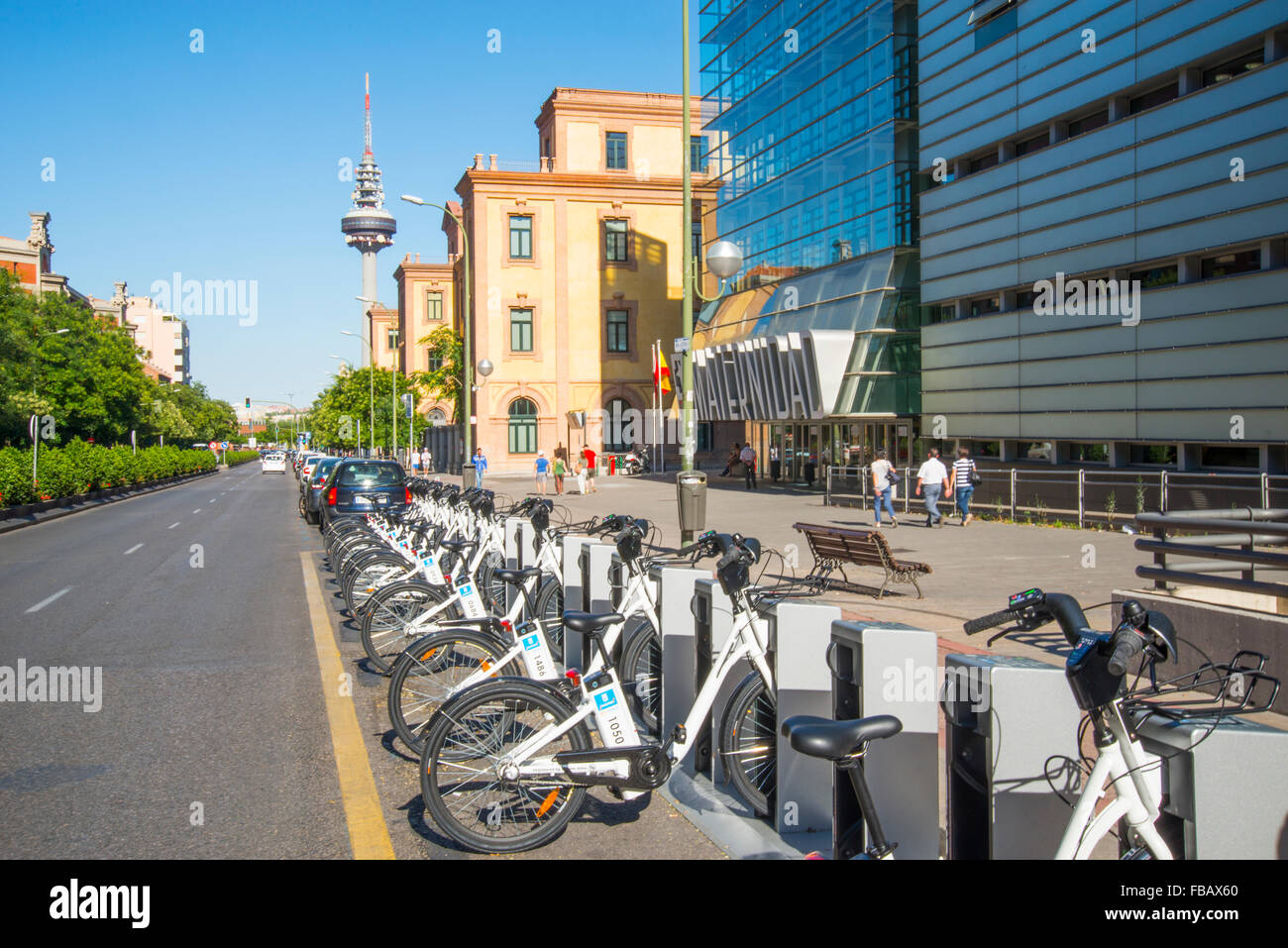 Parcheggio BiciMad in O'Donnell street. Madrid, Spagna. Foto Stock