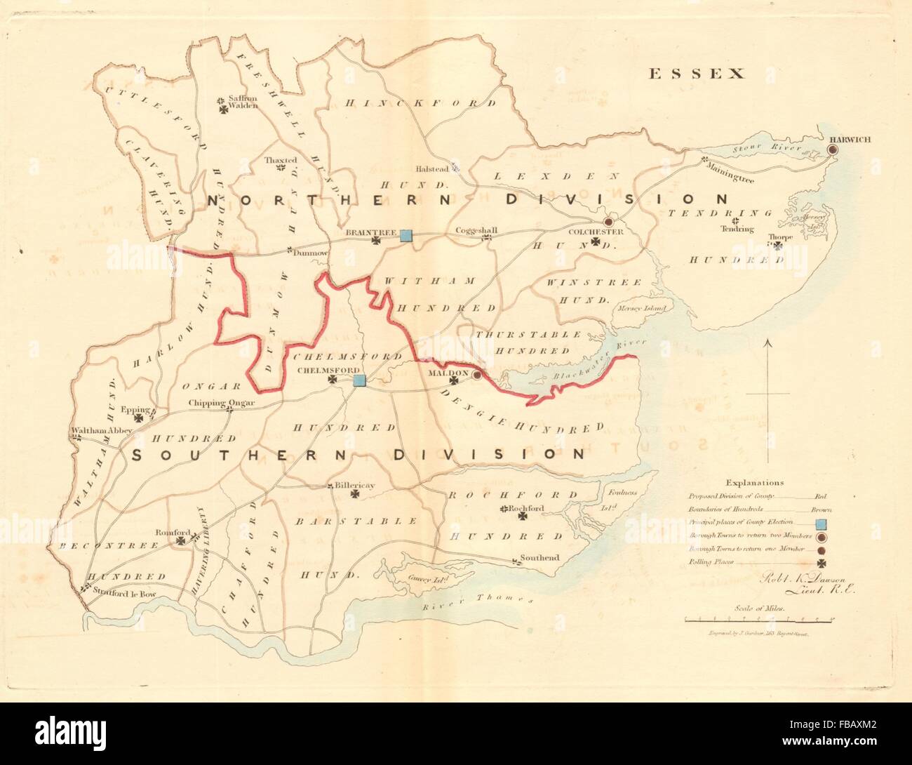 Essex County map. Divisioni distretto elettorale. REFORM ACT. DAWSON, 1832 Foto Stock