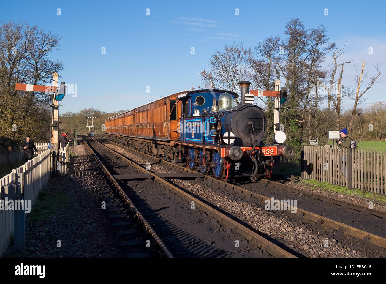 Bluebell Steam Treno in avvicinamento Sheffield Park Station Foto Stock
