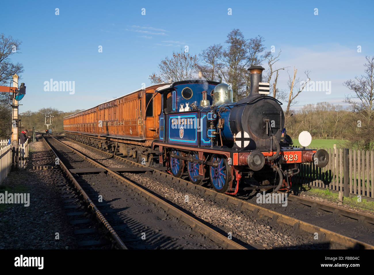 Bluebell Steam Treno in avvicinamento Sheffield Park Station Foto Stock
