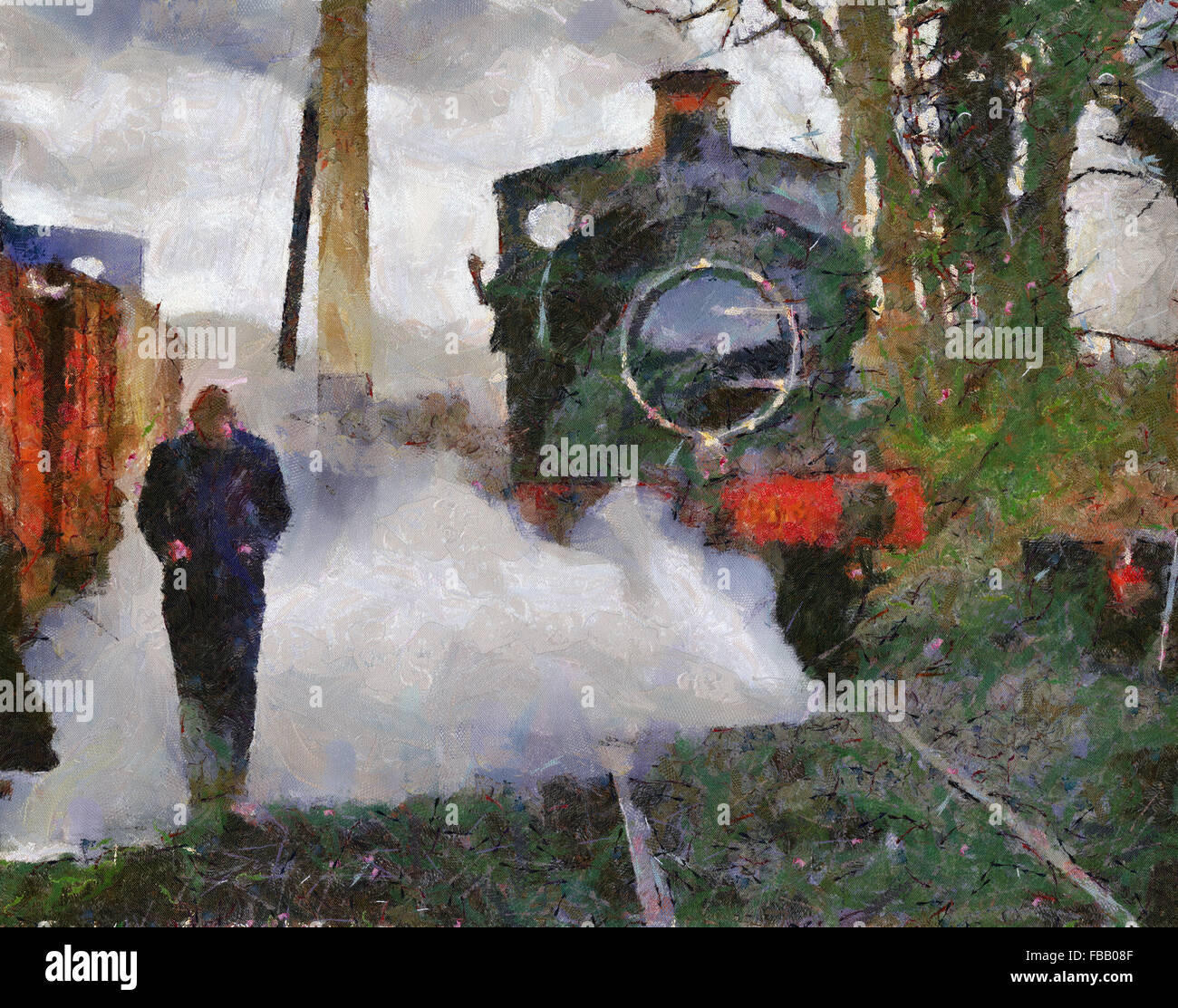 Ingegnere a piedi attraverso il vapore da locomotiva, East Somerset Railway, Shepton Mallet, Regno Unito Foto Stock