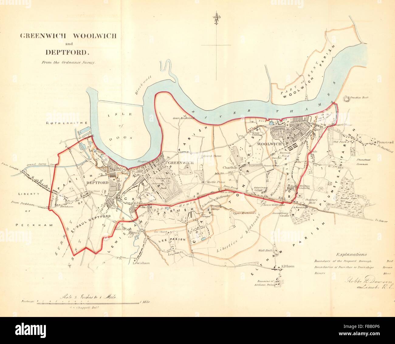 GREENWICH WOOLWICH & DEPTFORD borough/piano urbanistico. REFORM ACT. DAWSON, 1832 Mappa Foto Stock