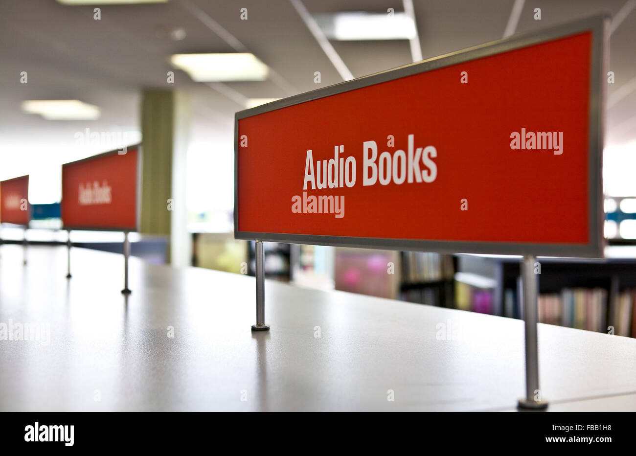 Audio libro segno nella libreria Foto Stock