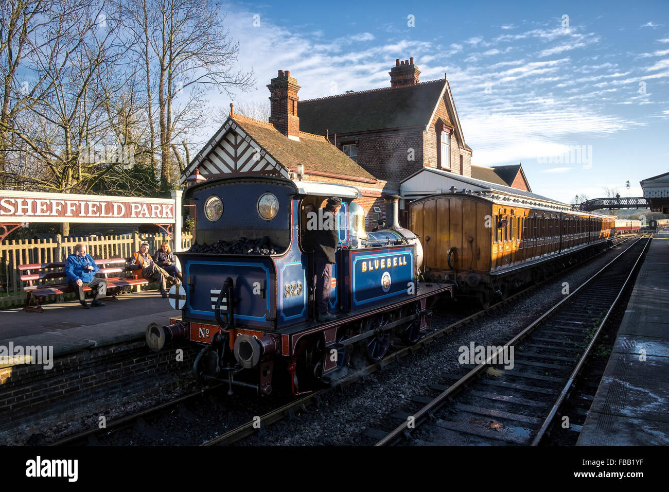Bluebell Steam treno arrivando a Sheffield Park Station Foto Stock