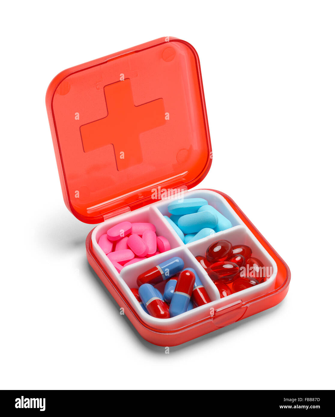 Piccola pillola di medicina Box isolati su sfondo bianco. Foto Stock