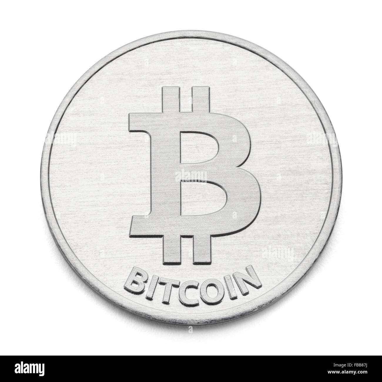 Argento Bitcoin valuta digitale isolato su uno sfondo bianco. Foto Stock