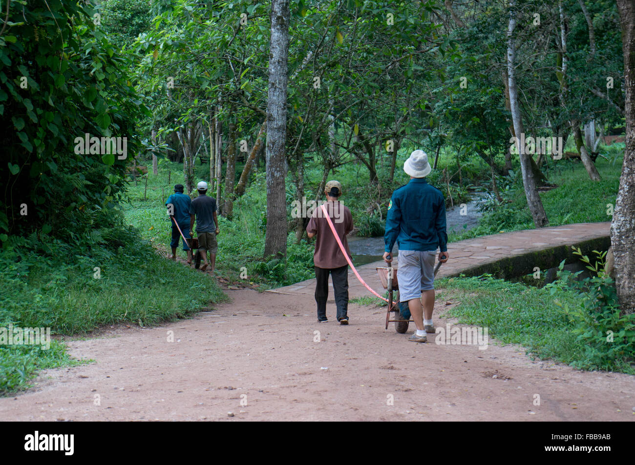 Quattro lavoratori sono a piedi lungo un piccolo sentiero a mio figlio Patrimonio Mondiale UNESCO Foto Stock