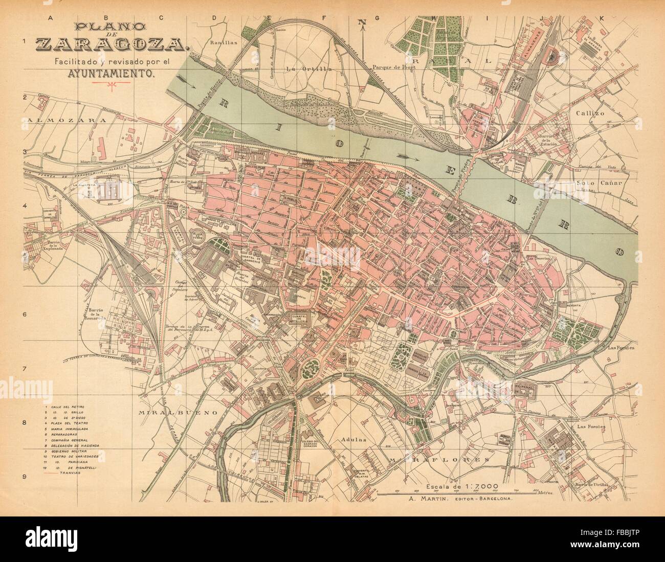 Saragozza Saragozza Plano antiguo cuidad antica città/city plan. MARTIN c1911 mappa Foto Stock