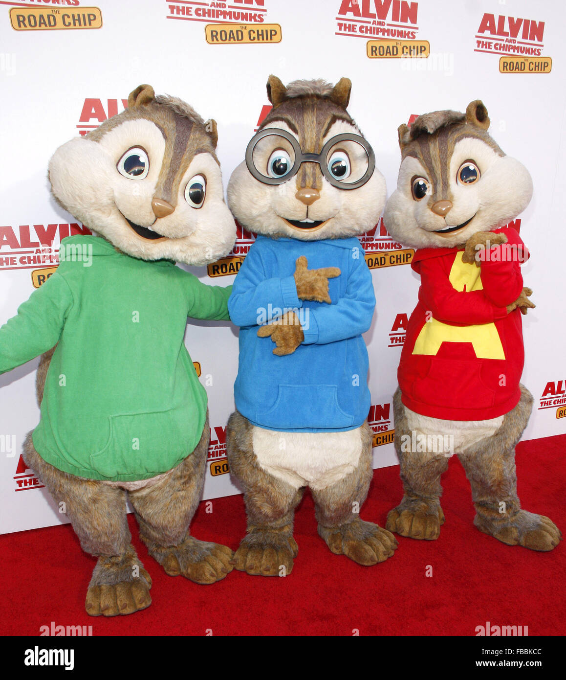 Los Angeles premiere di "Alvin ed i Chipmunks: il chip su strada" tenutasi presso il Teatro Zanuck - Arrivi con: Alvin, Simon e Theodore dove: Los Angeles, California, Stati Uniti quando: 12 Dic 2015 Foto Stock