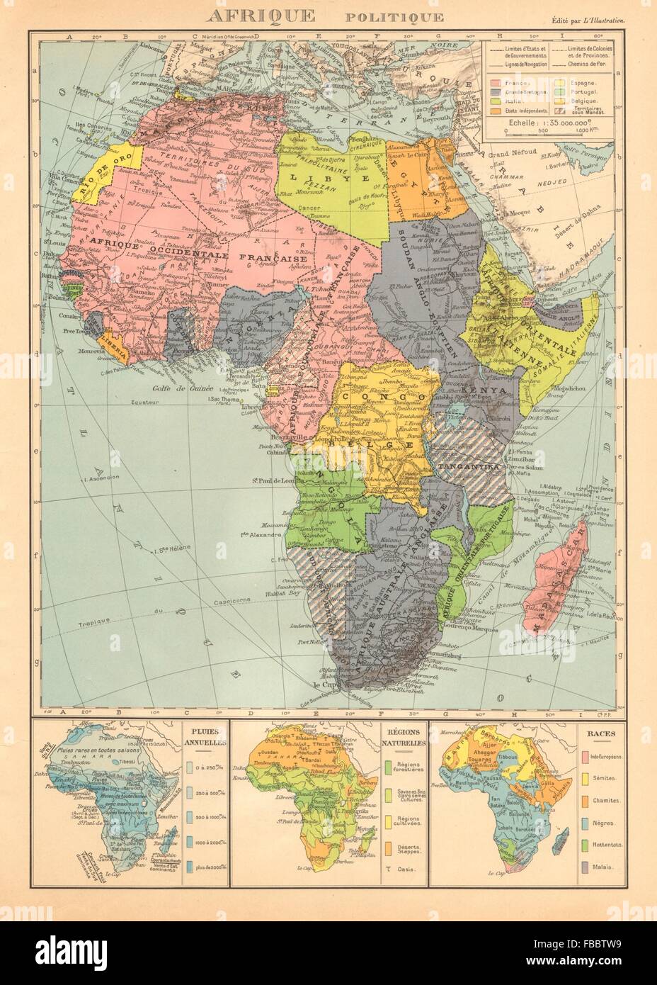 AFRICA COLONIALE Afrique. Lega delle Nazioni mandati. Etnicità, 1938 mappa vecchia Foto Stock