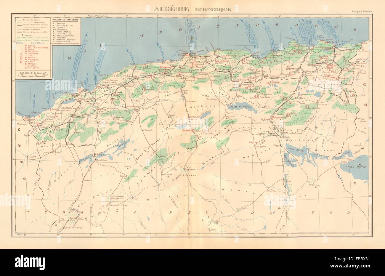 L'Algeria francese economico e di risorse. Algerie - Economique. Minerali, 1938 Mappa Foto Stock