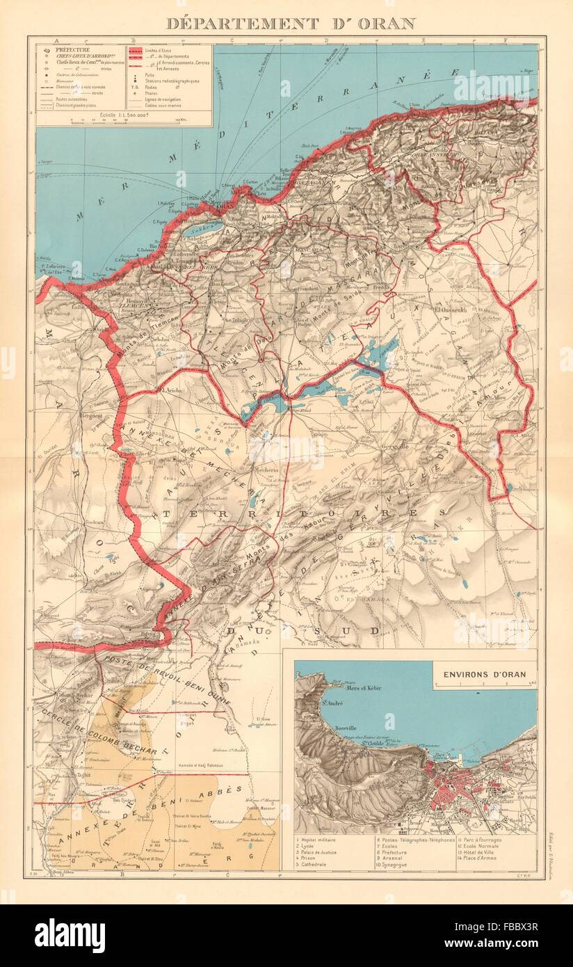 L'ALGERIA FRANCESE. Dipartimento d'Oran. Oran dintorni & city plan, 1938 mappa vecchia Foto Stock