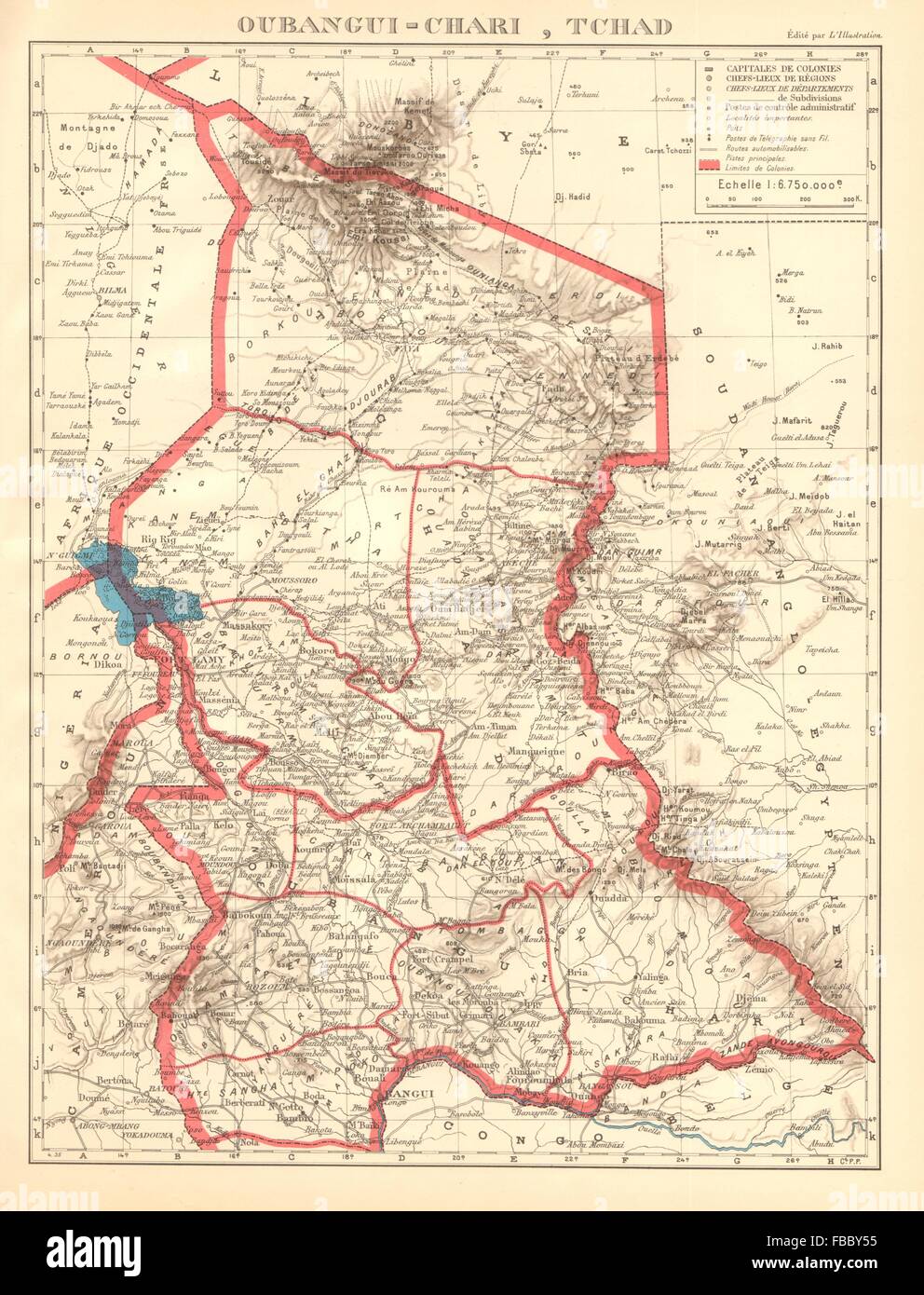 Coloniale Francese Ciad & UBANGI-SHARI (C.A.R.). Oubangui-Chari Tchad, 1938 Mappa Foto Stock