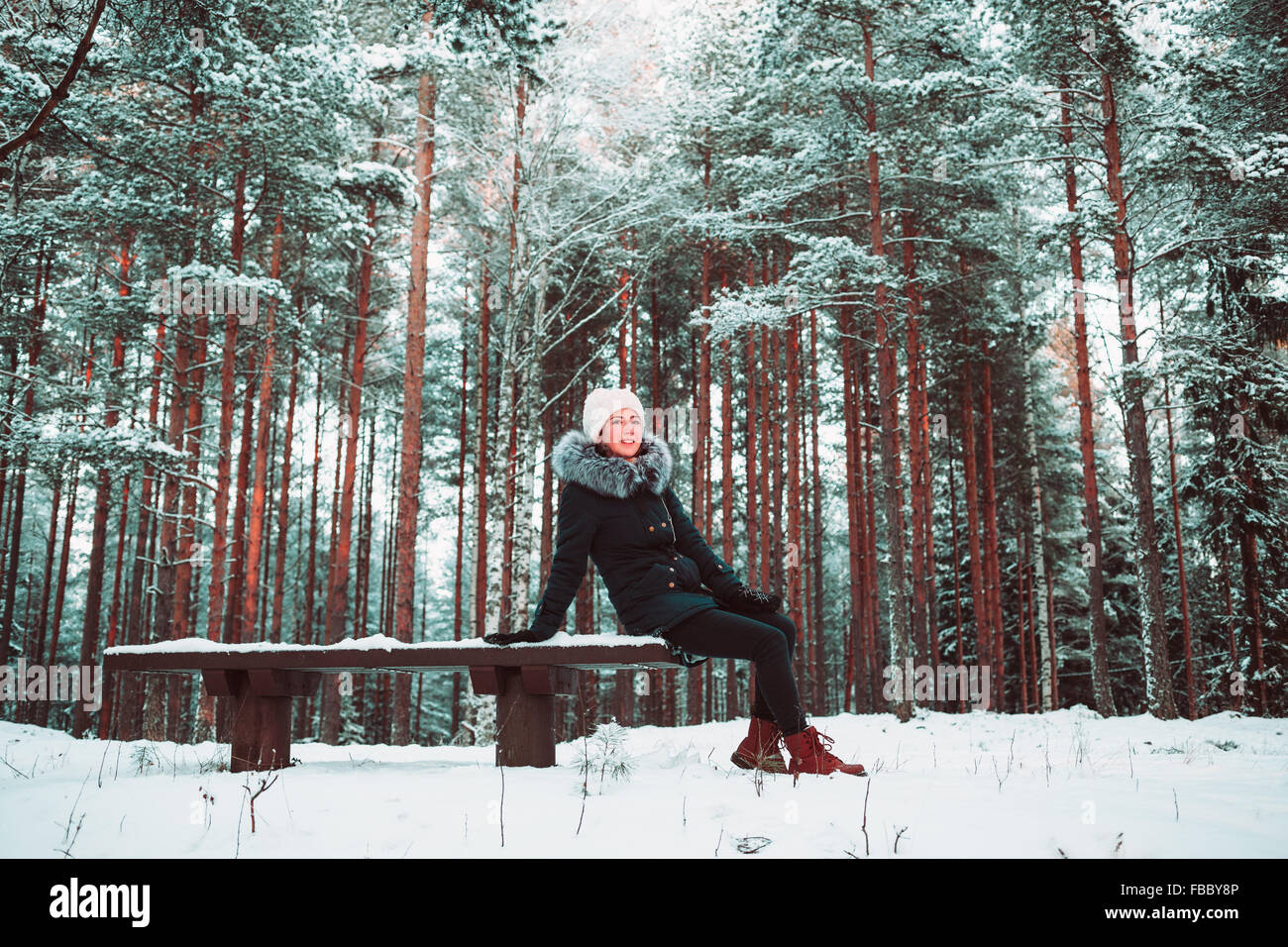 Ragazza slanciata si siede su una panchina in inverno. Foto Stock