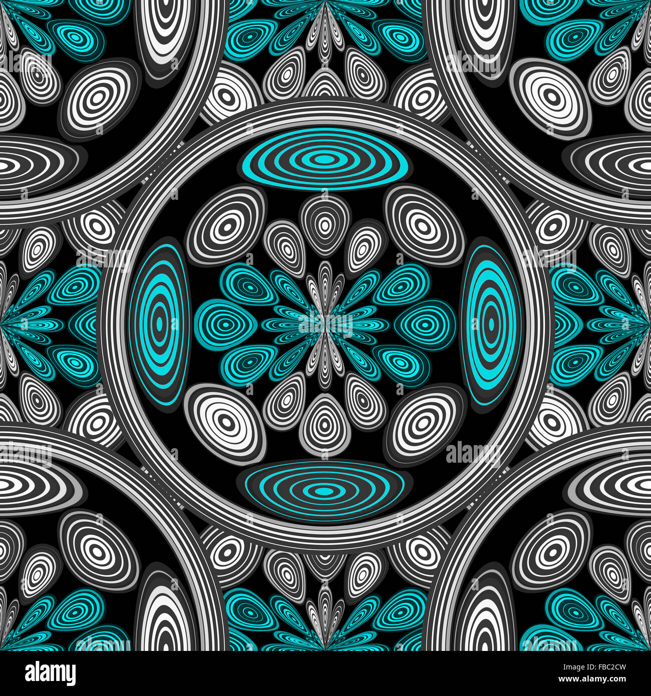 Arabesque geometrico in azzurro e bianco e nero, fatta con un disegno di cerchi ed ellissi. Geometrica arte digitale Foto Stock