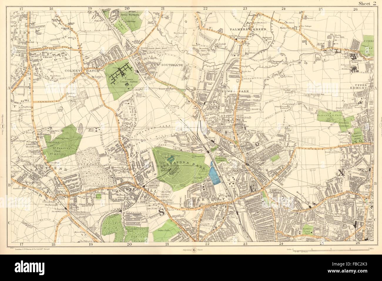 FRIERN BARNET/HORNSEY Palmers/Wood Green Southgate Muswell Hill. BACON 1903 mappa Foto Stock