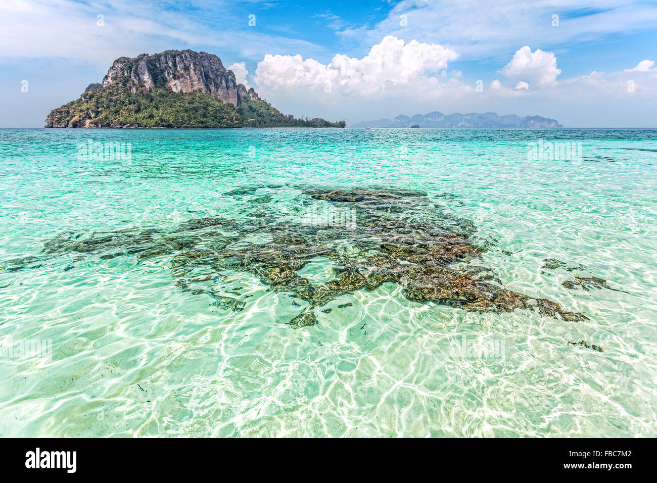 Acqua poco profonda da un'isola tropicale, vacanze estive dello sfondo. Foto Stock