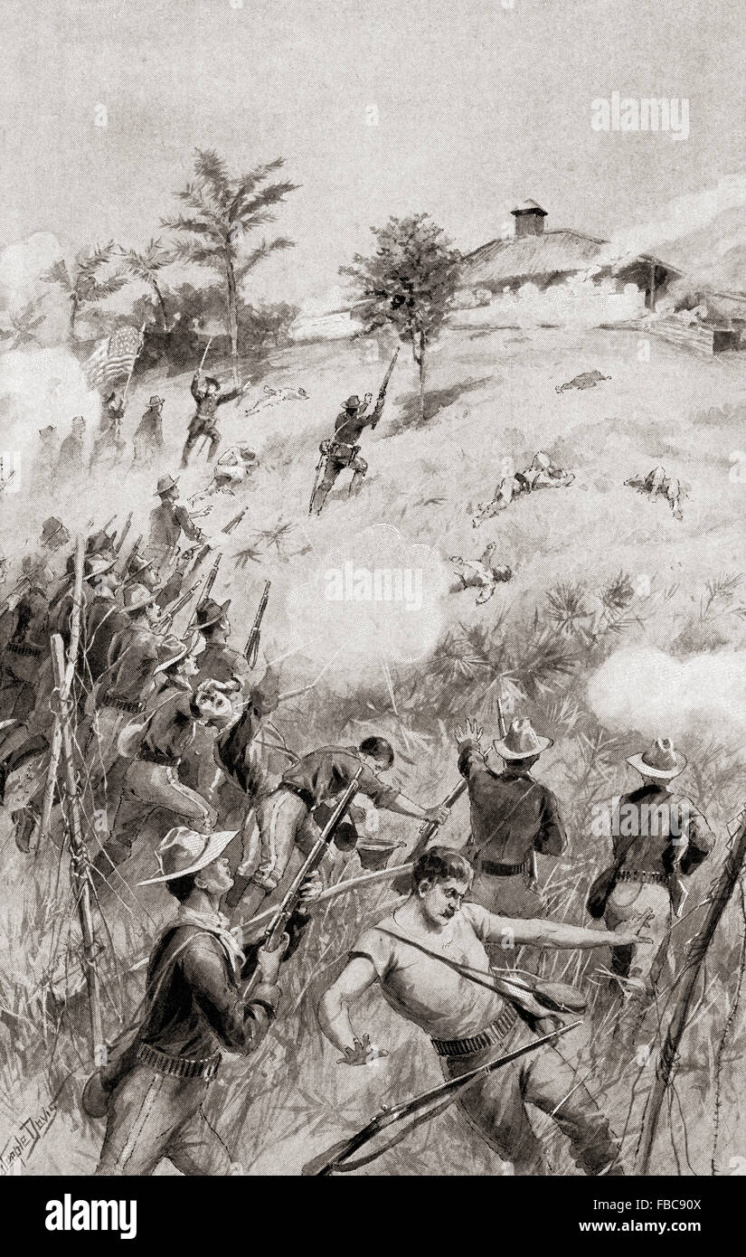 Carica dei piloti ruvida alla battaglia di San Juan Hill, vicino a Santiago de Cuba, Cuba, 1 luglio 1898, aka la battaglia per la San Juan altezze, battaglia decisiva della spagnola-guerra americana. Foto Stock