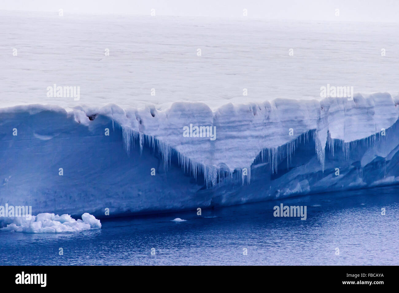 Ghiaccioli appesi da parete di ghiaccio di fusione ghiacciaio Brasvellbreen sboccante in mare Artico, Austfonna, Nordaustlandet, Svalbard Foto Stock