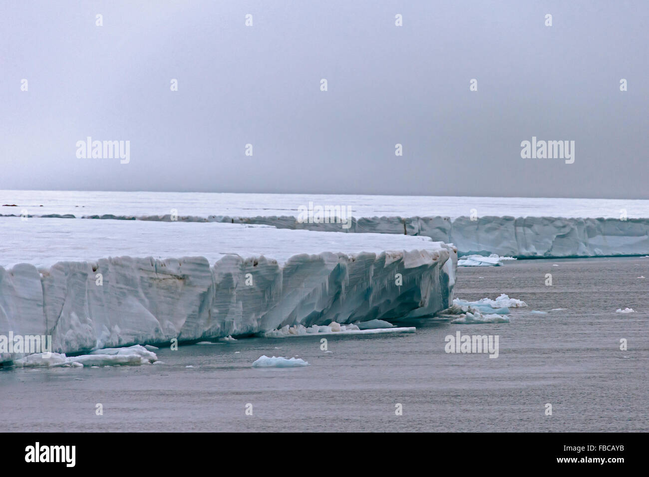 Parete di ghiaccio del ghiacciaio Brasvellbreen che sfocia nel Mar Glaciale Artico, Austfonna, Nordaustlandet, Svalbard, Norvegia Foto Stock