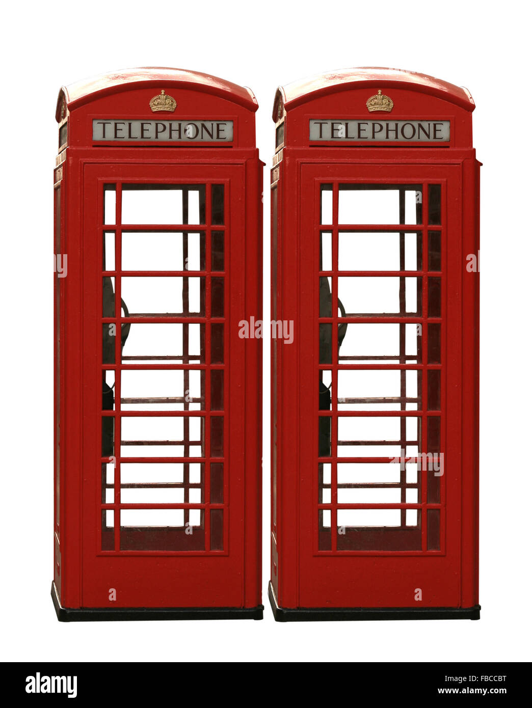 Due classici red britannico le cabine telefoniche isolato su uno sfondo bianco Foto Stock