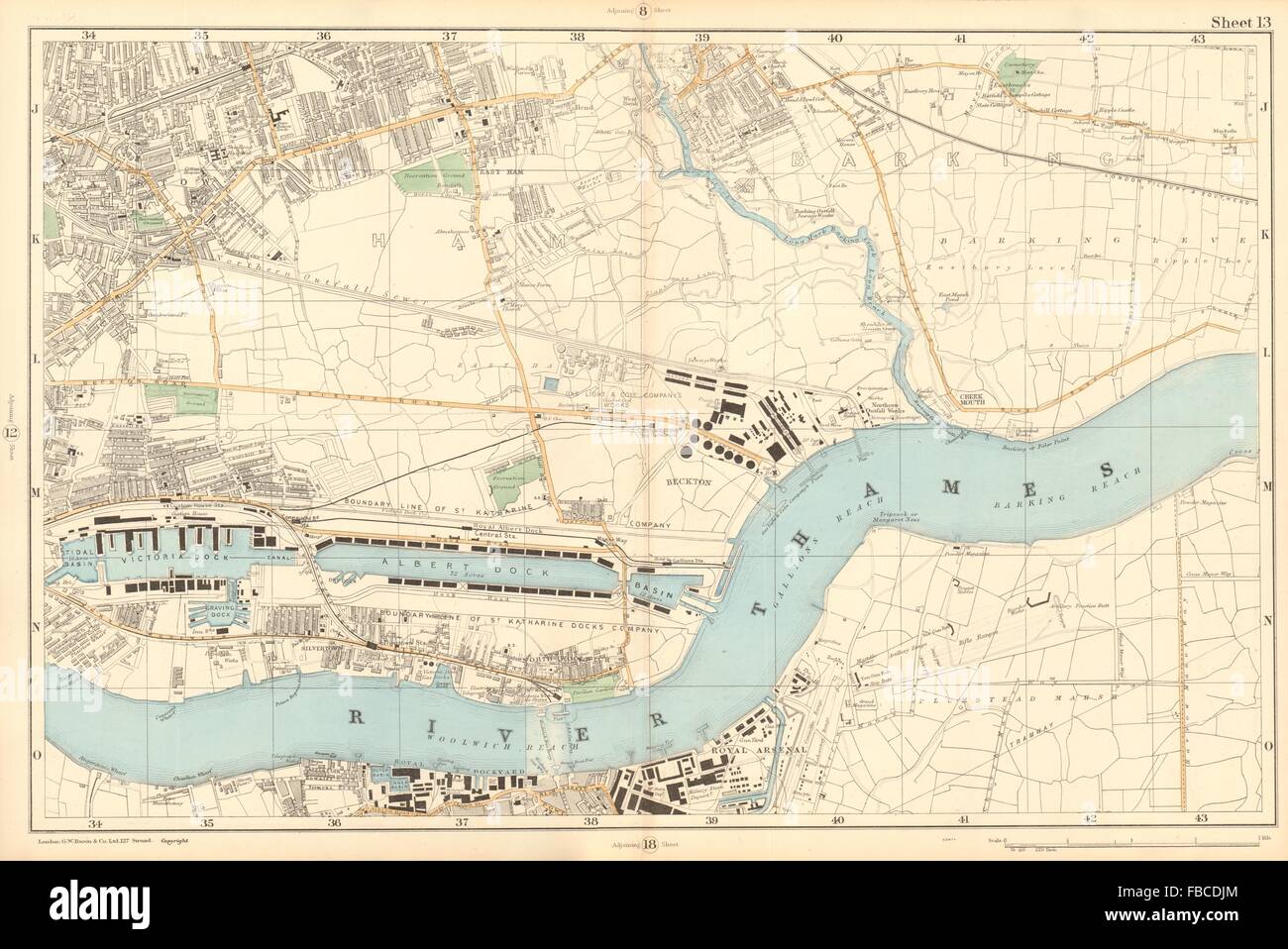 Ovest/Est prosciutto & BARKING Plaistow Woolwich Thamesmead Beckton. BACON , 1903 mappa Foto Stock