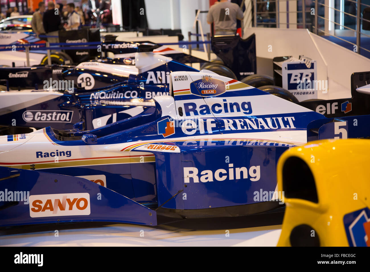 Birmingham, Regno Unito. Xiv gen, 2016. Williams F1 display ad Autosport il passato e il presente F1 auto Credito: Steven roe/Alamy Live News Foto Stock