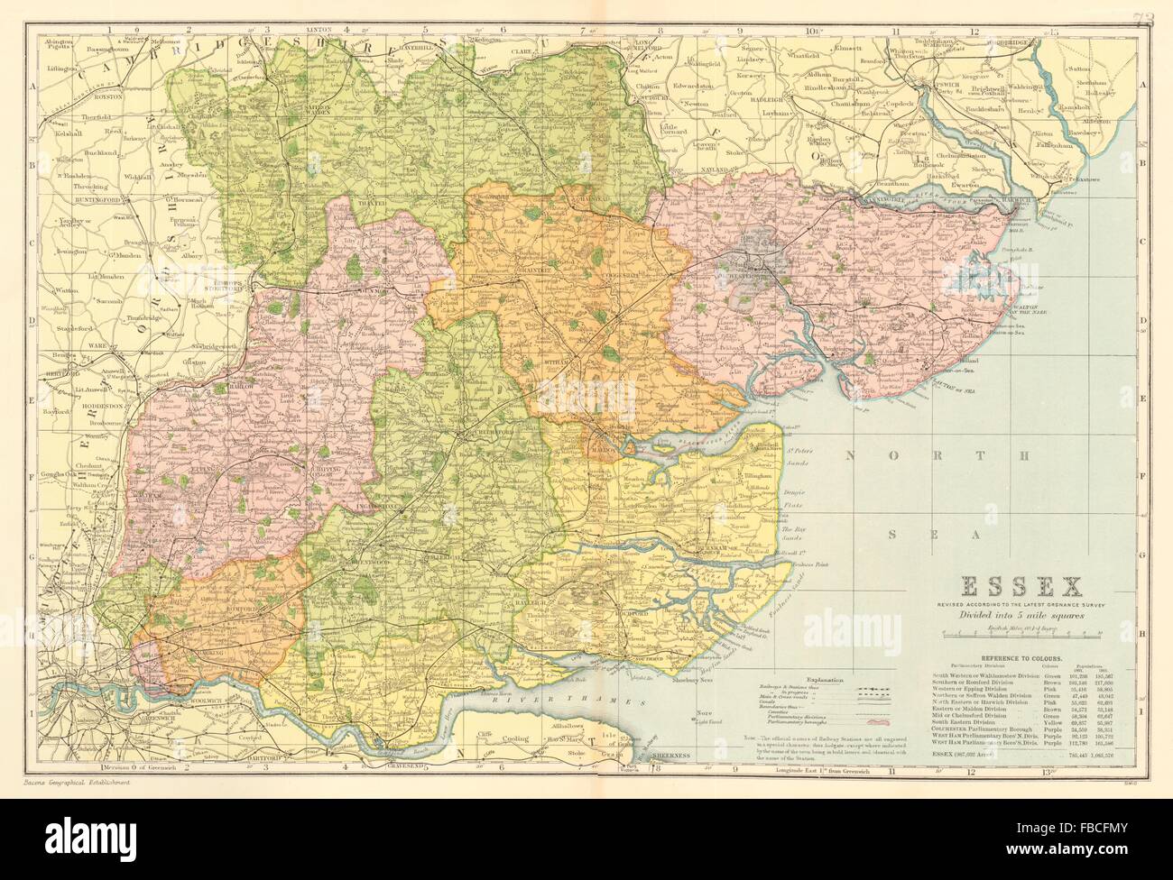 ESSEX county map. Circoscrizioni parlamentare divisioni. Le ferrovie. BACON 1903 Foto Stock