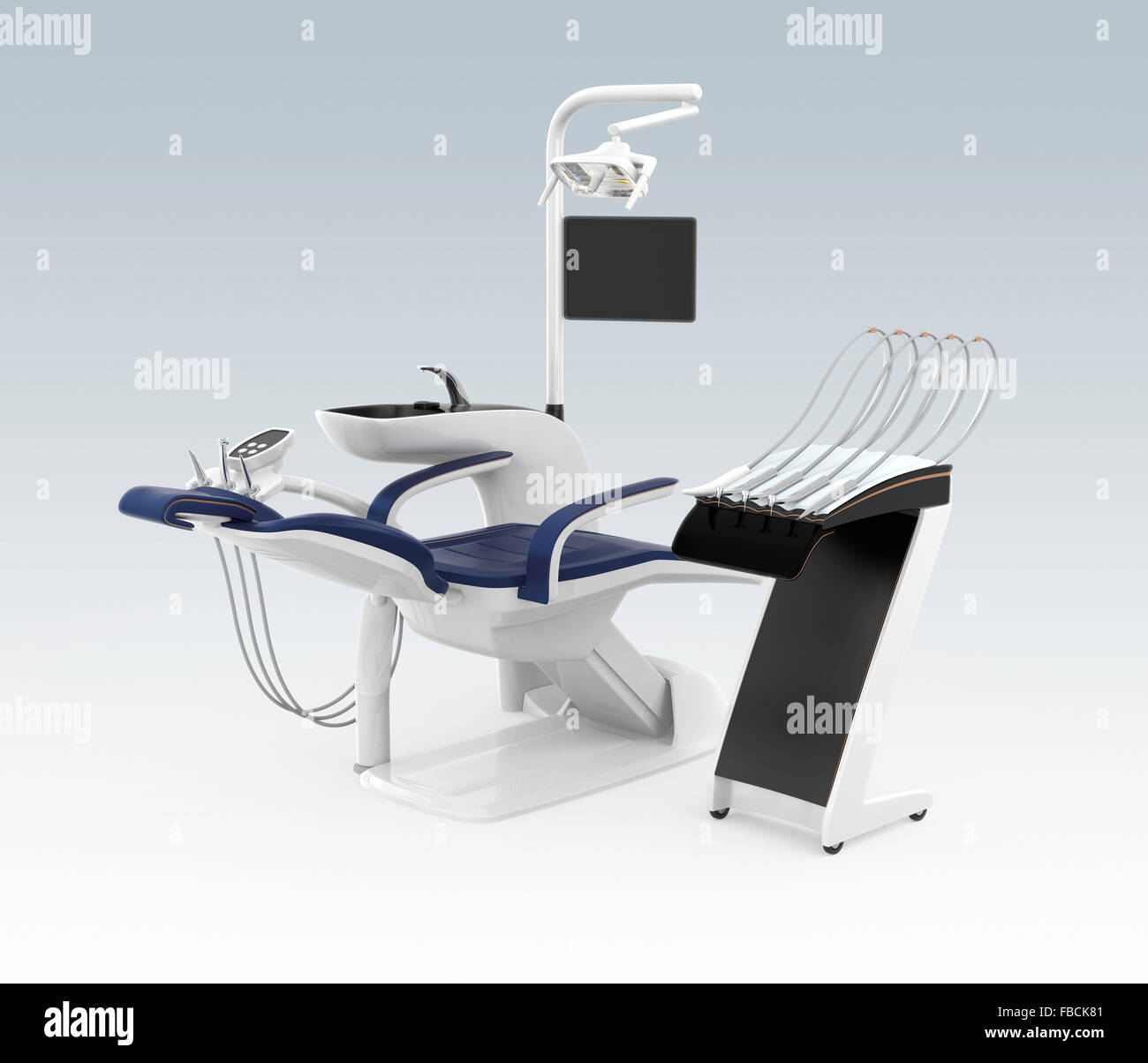 Elegante poltrona del dentista isolato su sfondo grigio. Tracciato di ritaglio disponibili. Design originale. Foto Stock