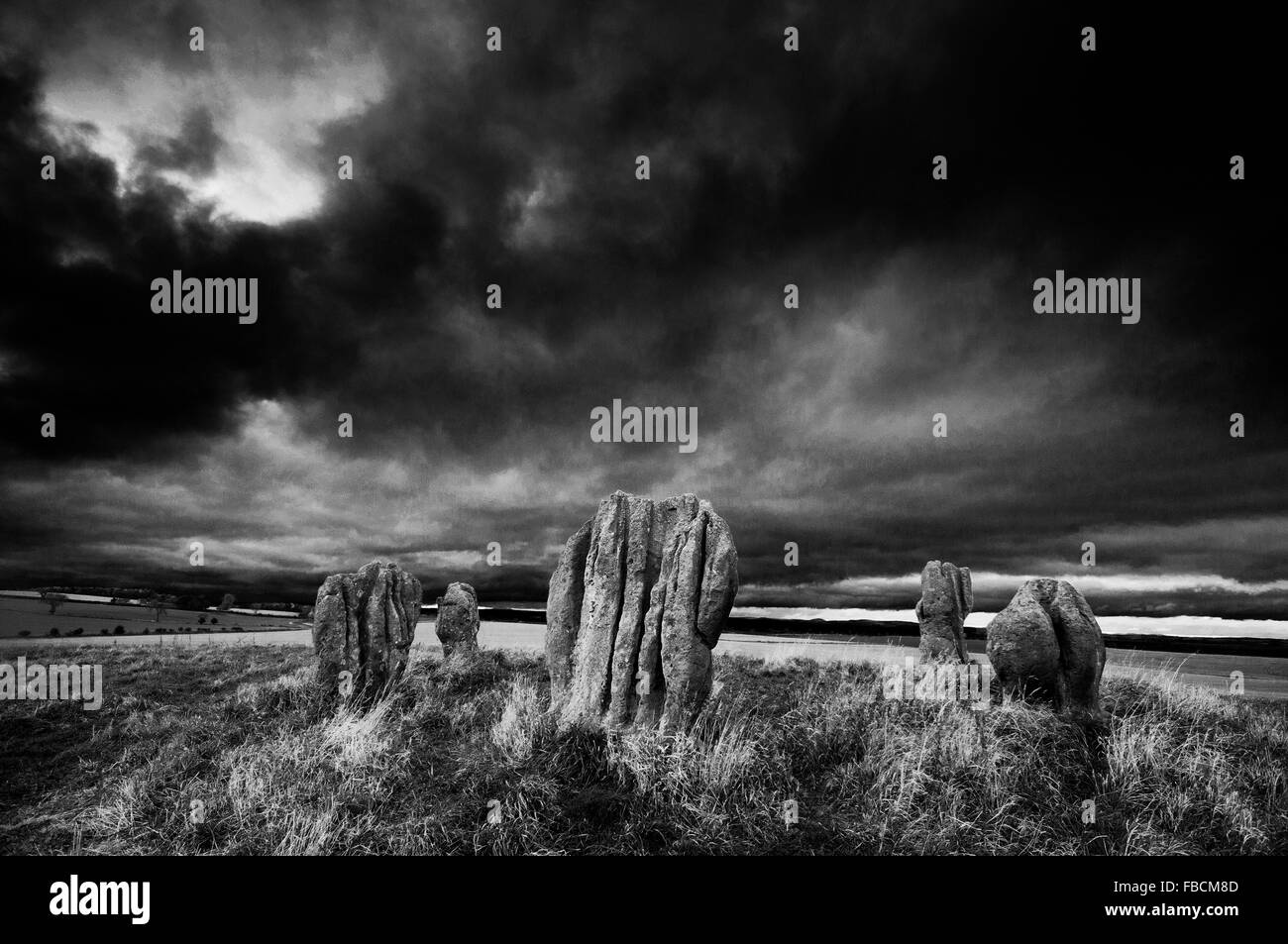 Standing stone circle vicino a Duddo nel nord di Northumberland. Questo sito neolitihic è raramente visitato Foto Stock