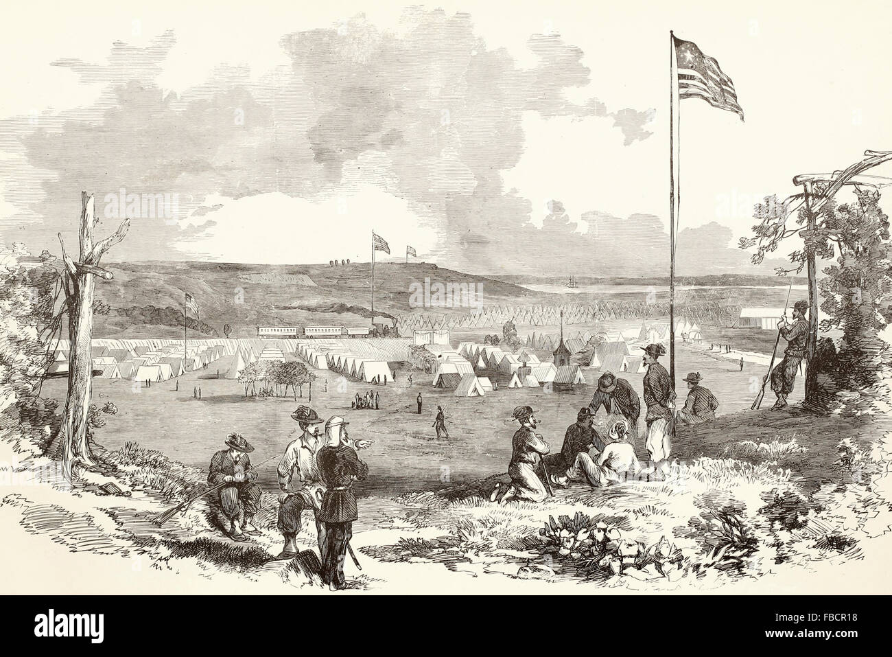 Il camp di guardie di Garibaldi, il colonnello D'utassy nei pressi di Roche per mulini, Virginia fiume Potomac in distanza, USA La guerra civile Foto Stock