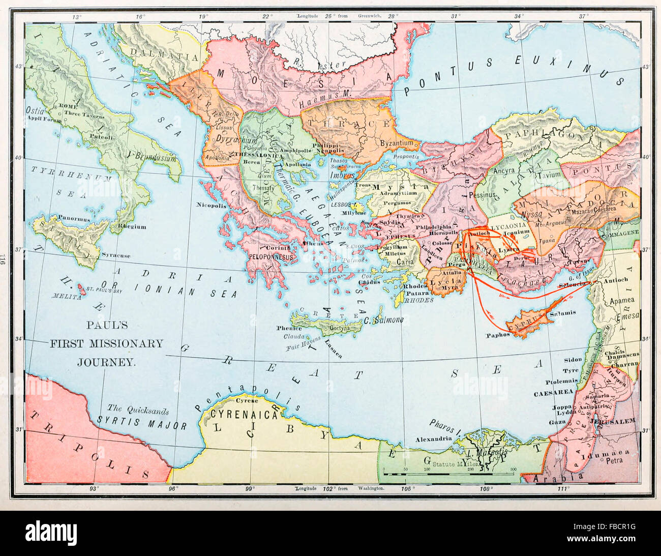 Mappa dell Apostolo Paolo primo viaggio missionario, inizio ministero cristiano Foto Stock
