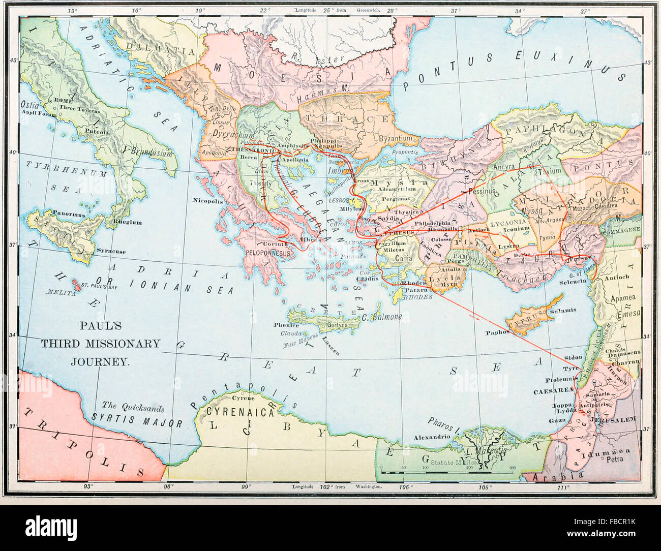 Mappa dell Apostolo Paolo il terzo viaggio missionario, inizio ministero cristiano Foto Stock