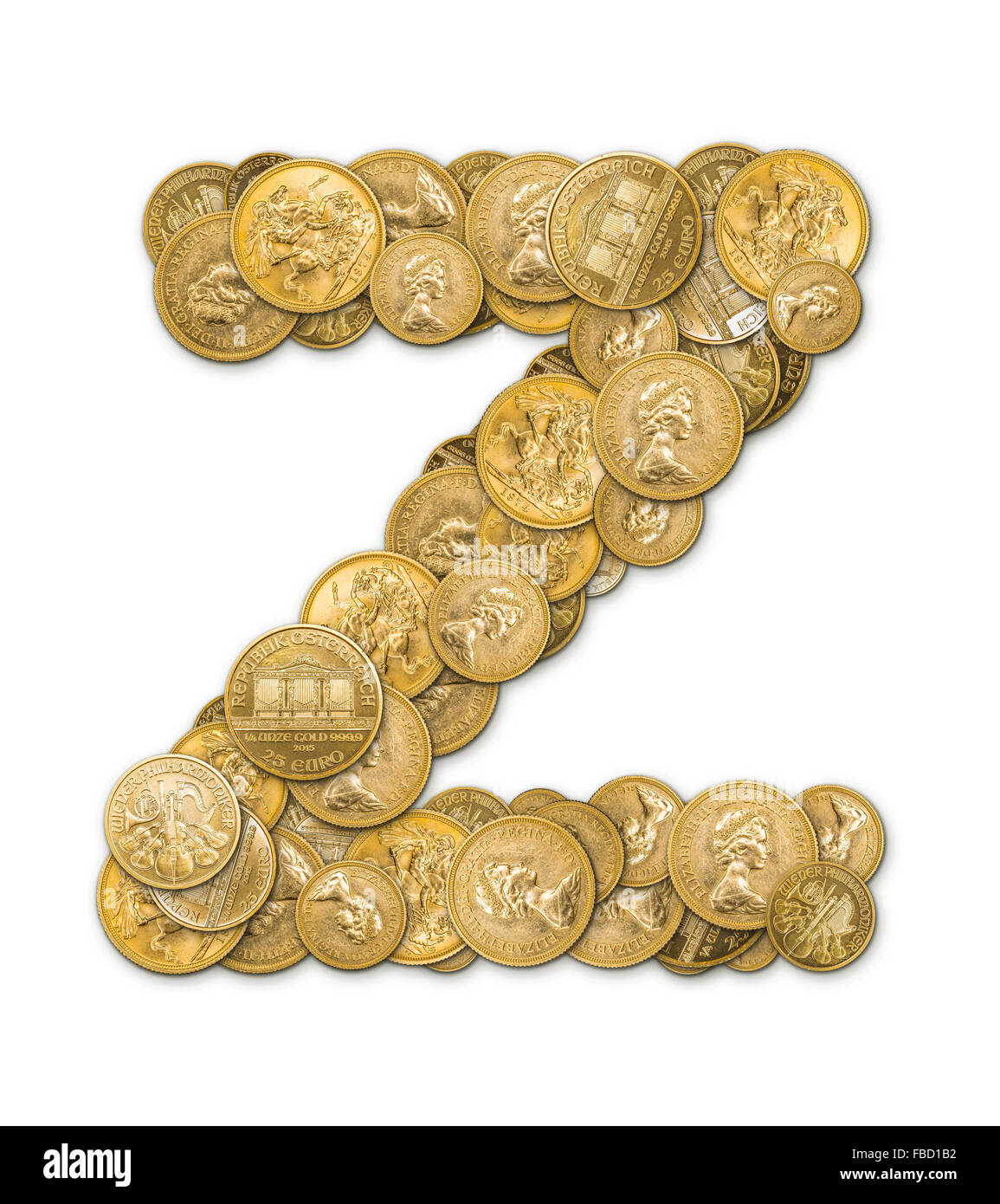 Lettera Z realizzato da monete d oro denaro isolato su sfondo bianco Foto Stock