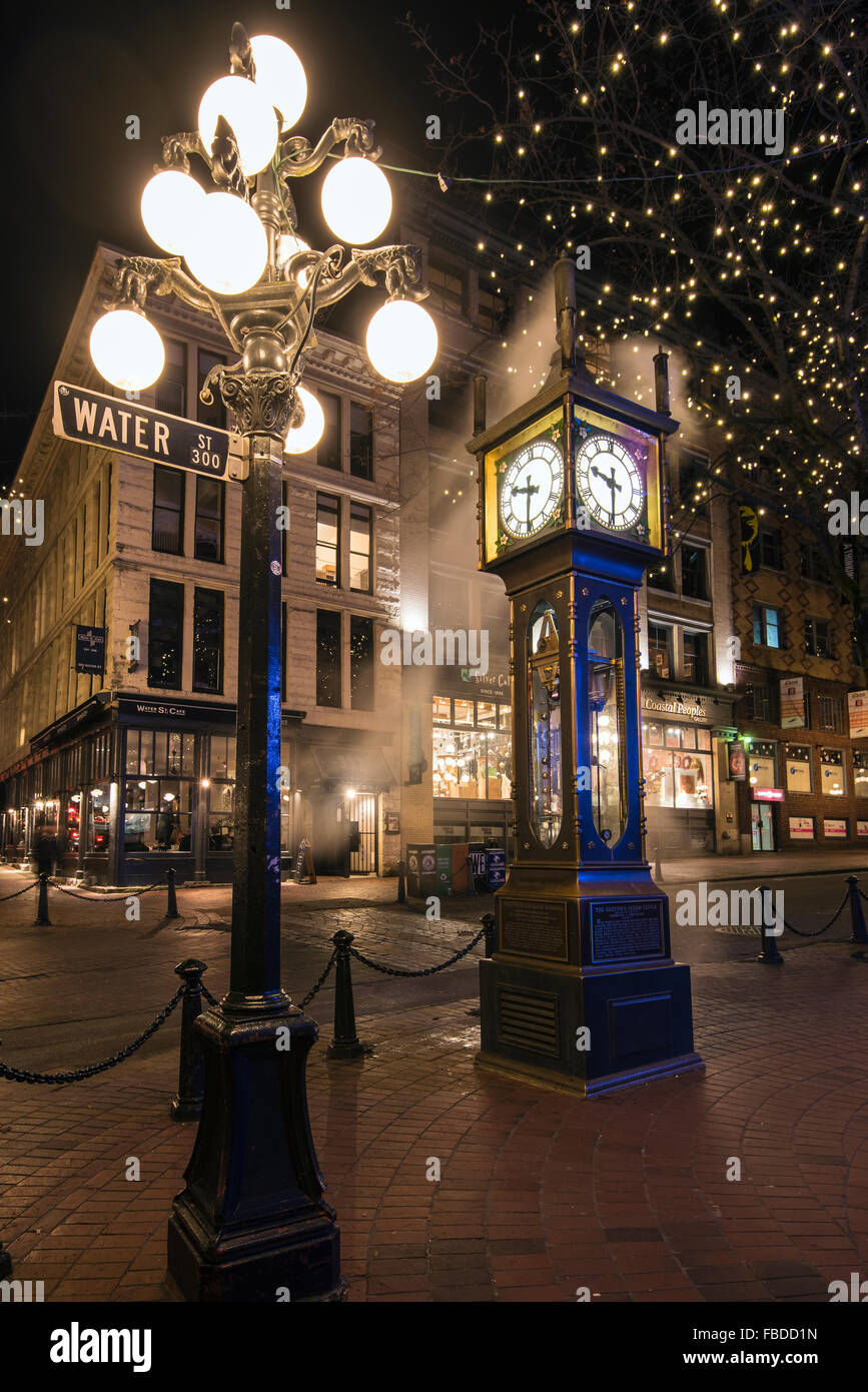 Vista notturna di Gastown orologio a vapore, Vancouver, British Columbia, Canada Foto Stock