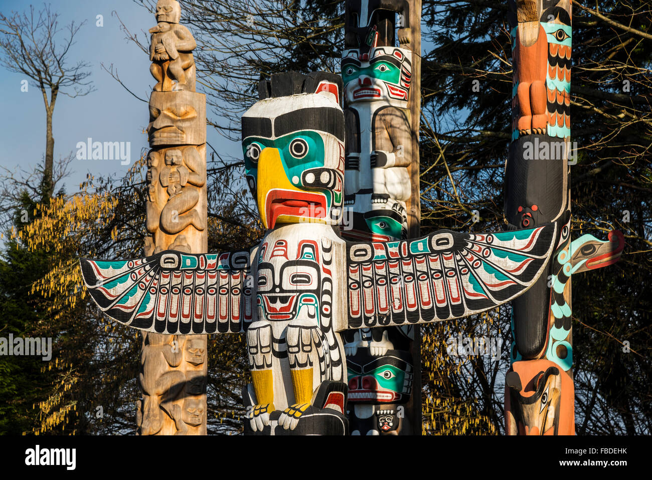 Totem Poles a Brockton Point, Stanley Park, Vancouver, British Columbia, Canada Foto Stock