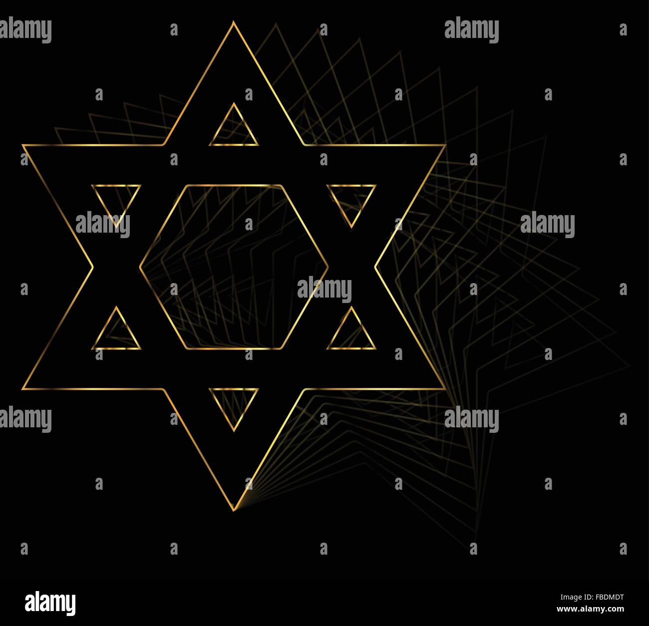 Stella della bandiera di Israele in oro con ripetere e effetto dissolvenza su uno sfondo nero Illustrazione Vettoriale