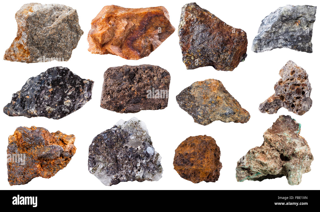 Le riprese in modalità macro del campione di roccia naturale - set da 12 pezzi pietre minerali isolati su sfondo bianco Foto Stock