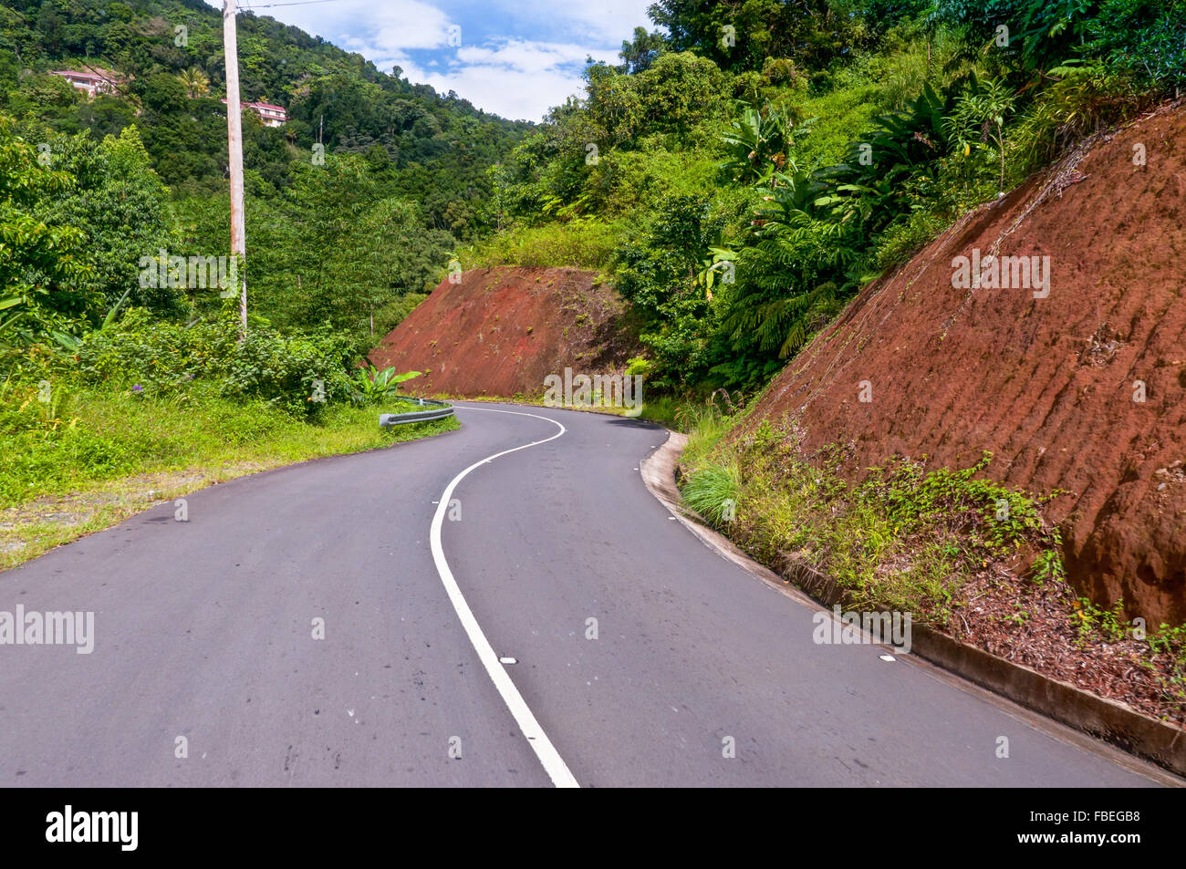 Strada tortuosa attraverso la Dominica, nelle isole dei Caraibi Foto Stock