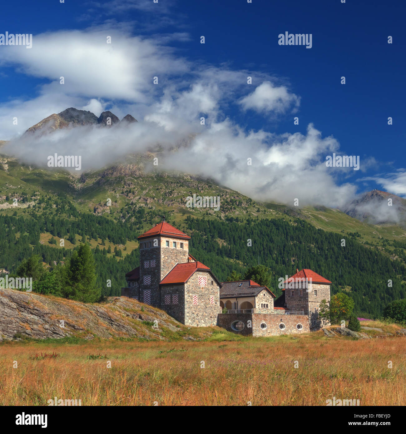 Incredibile giornata di sole al lago Champferersee nelle Alpi Svizzere. Castello di merda da Sass, Silvaplana village, Svizzera, Europa. Foto Stock