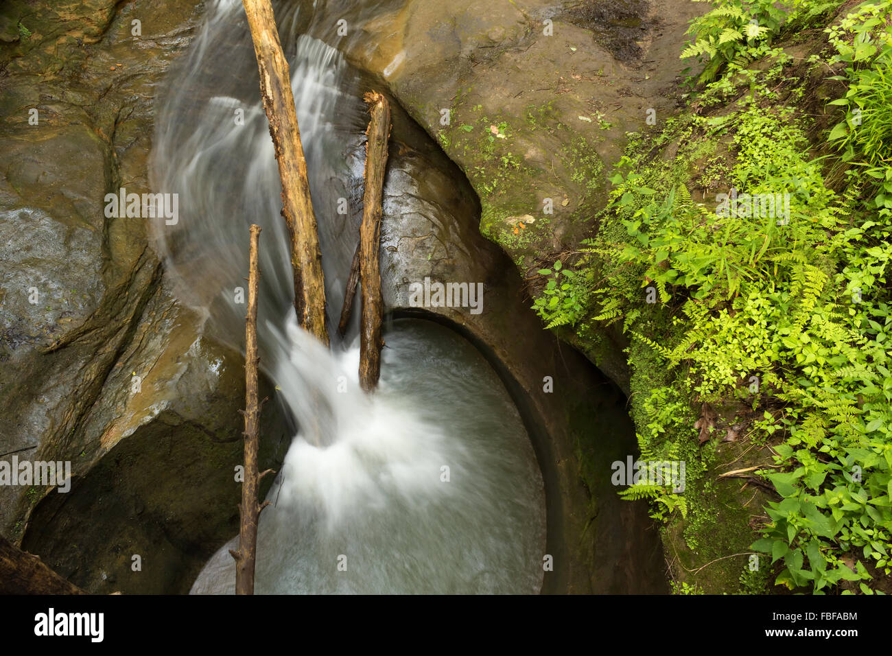 Flusso tranquillo cascading su rami a Devil's vasca, Hocking Hills State Park, Ohio. Foto Stock