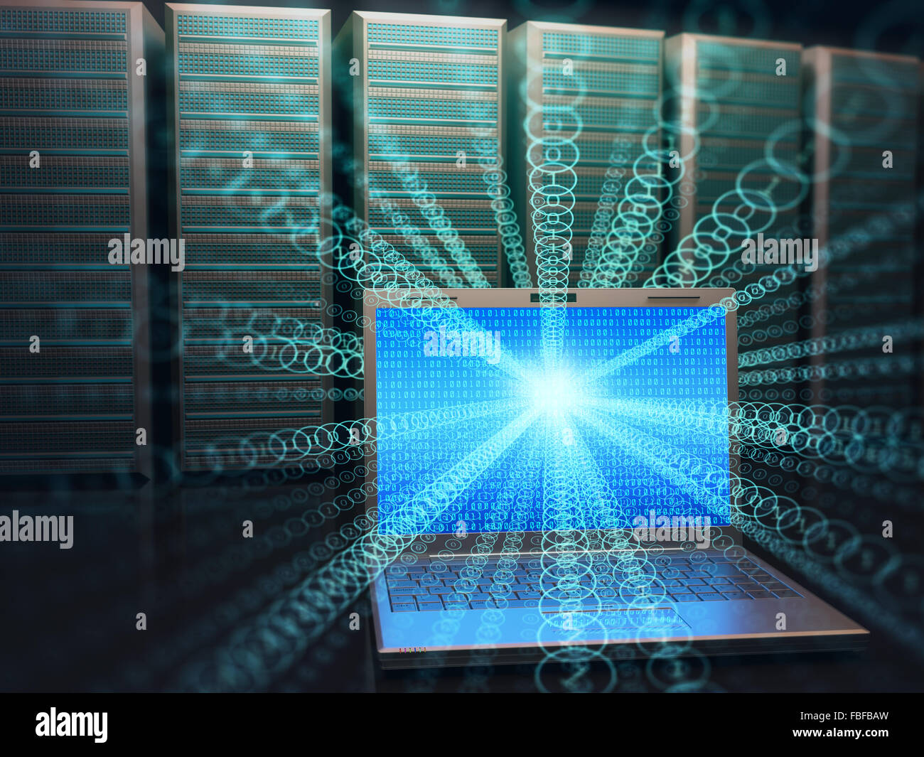 Concetto di immagine della scienza e della tecnologia delle informazioni digitali. One laptop nella parte anteriore del server multipli con numeri binari su s Foto Stock