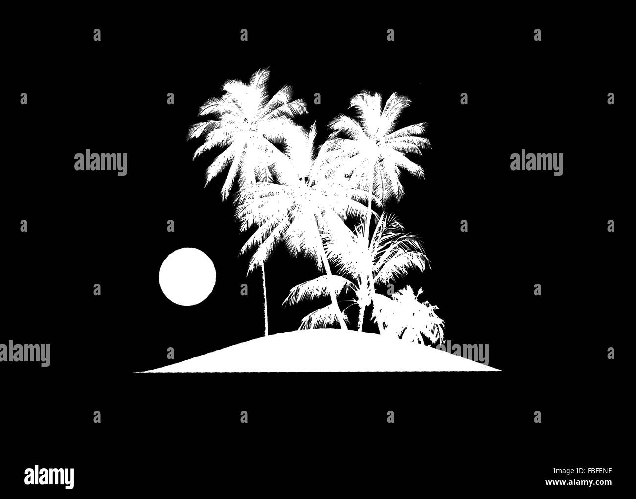 Raster in bianco e nero silhouette collage illustrazione di isola tropicale con palme e il sole o la luna Foto Stock