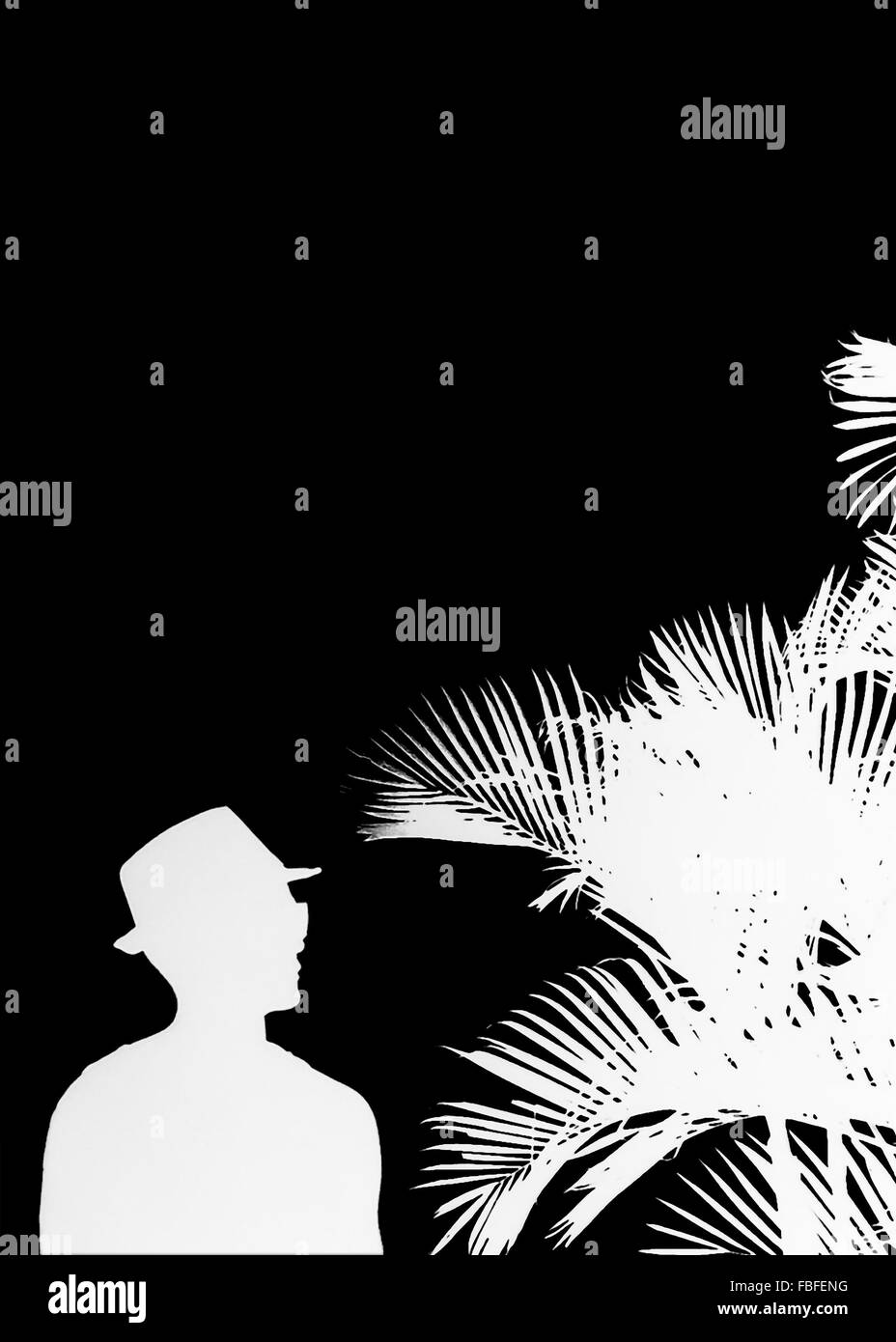 Raster silhouette collage illustrazione della vista laterale raffreddare l'uomo con il cappello a guardare le palme nei toni del bianco e del nero- Foto Stock