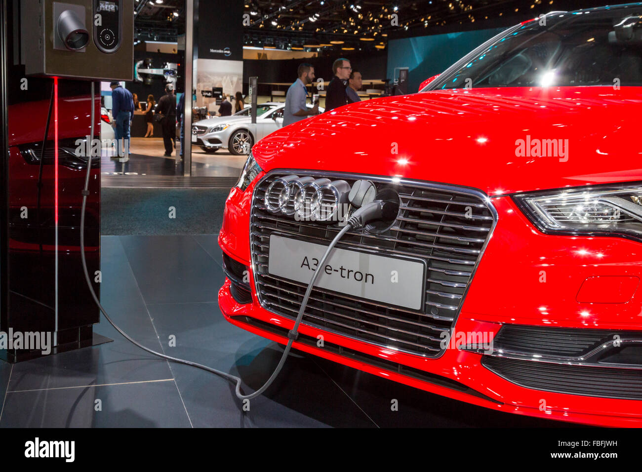 Detroit, Michigan - Audi A3 e-tron ibridi plug-in auto sul display al North American International Auto Show. Foto Stock