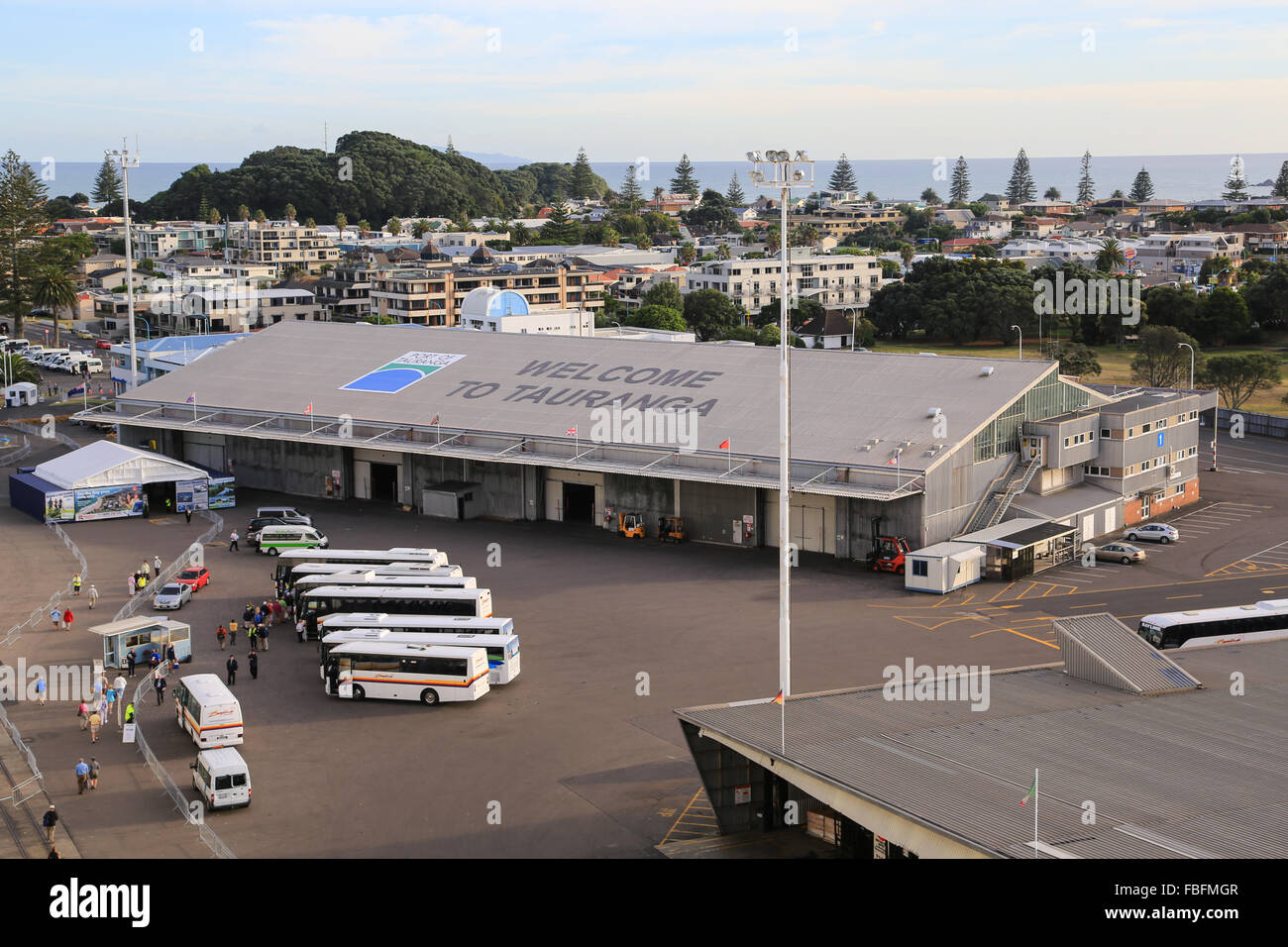 Benvenuti al segno di Tauranga saluta la nave di crociera visitatori presso il porto di Tauranga mentre gli autobus e tour operator di attendere presso il dock. Foto Stock