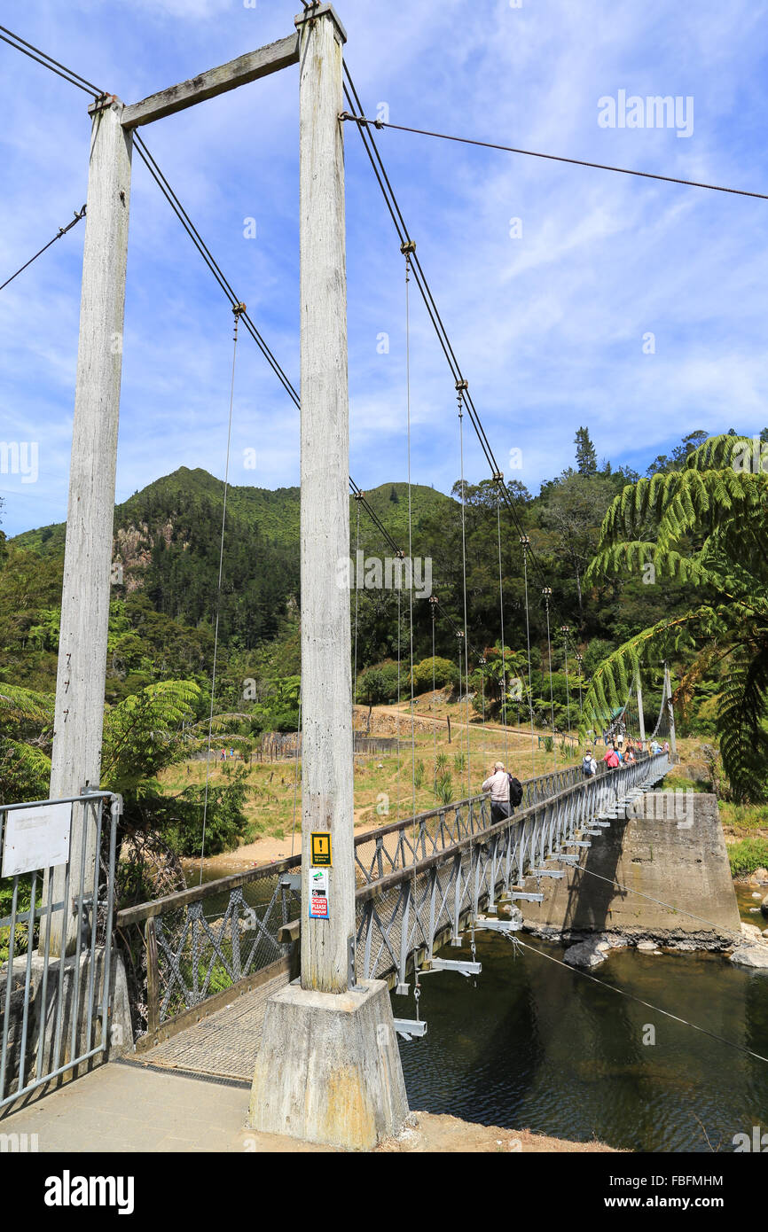 Ponte di sospensione a Karangahake Gorge attrazione turistica a Karangahake, Waikato, Nuova Zelanda. Foto Stock