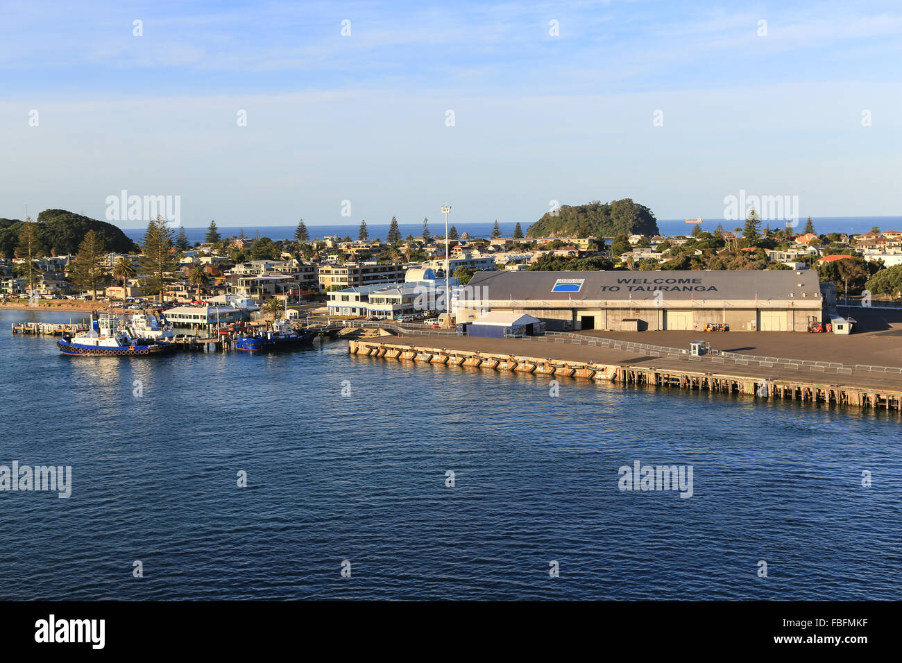 Benvenuti al segno di Tauranga saluta la nave di crociera visitatori presso il porto di Tauranga con tug barche attraccate al dock. Foto Stock