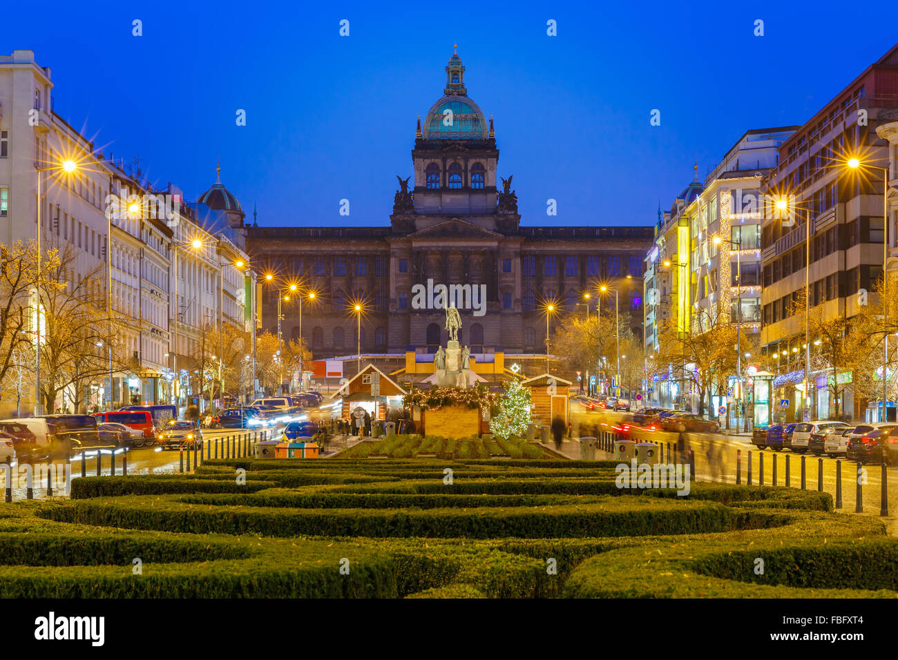 Piazza Venceslao di notte, Praga, Repubblica Ceca Foto Stock